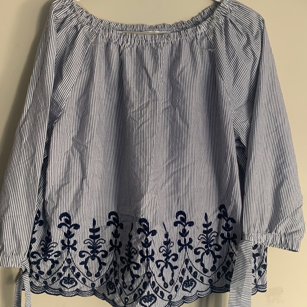 Blue and white off the shoulder striped blouse